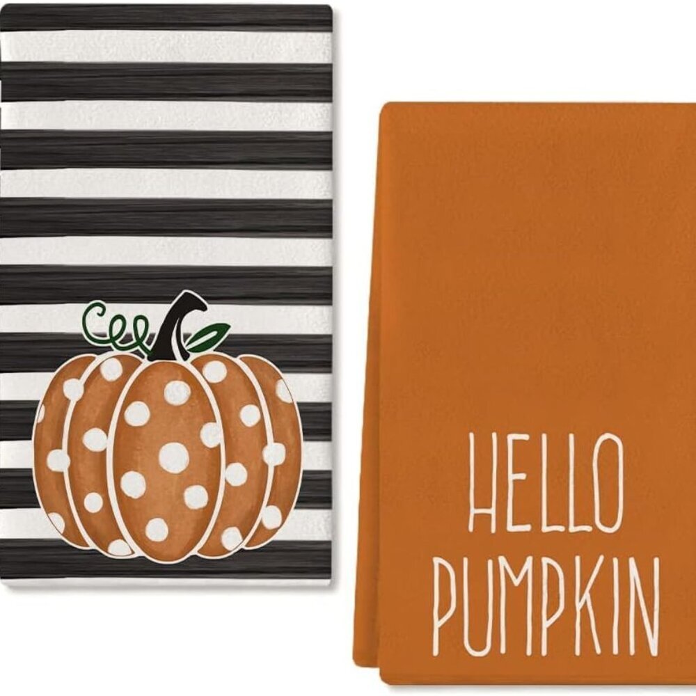 Hello Pumpkin Fall Kitchen Towels Set of 2,Orange Polka dot Stripes Autumn Dish